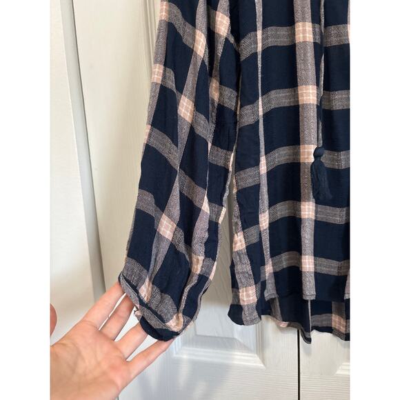 American Eagle NWT Navy Plaid Peasant Blouse XS – Boho Tassel Tie Long Sleeve - Picture 4 of 9